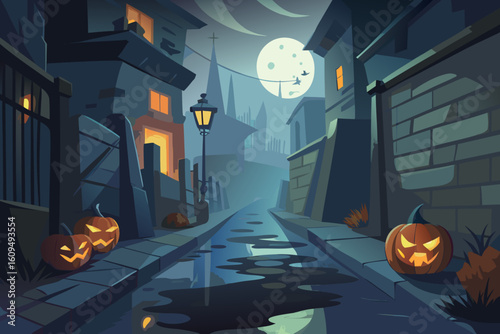 Foggy Alley with Jack o' Lanterns and Shadows vector illustration