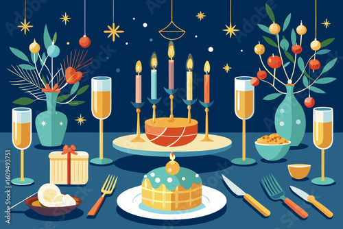 Holiday Table Setup with Candles Champagne and Gifts vector illustration
