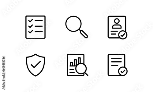 Linear icons of documents, search tools, and security checks