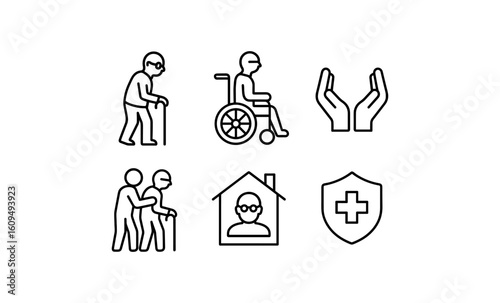 Elderly care and support icons set: outline and linear style illustrations