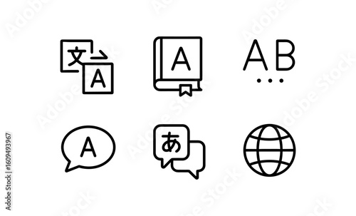 Language icons: translation, dictionary, communication, and global connectivity set in minimalist linear style