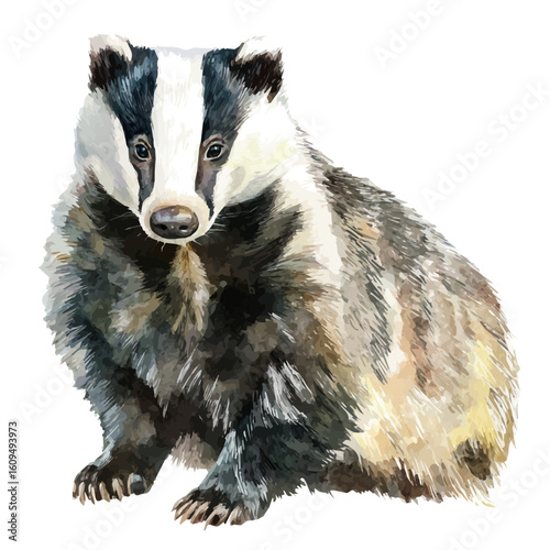Watercolor vector illustration of Badger, isolated on white background.