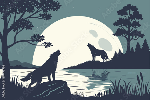 Moonlit Lake with Silhouettes of Monsters vector illustration