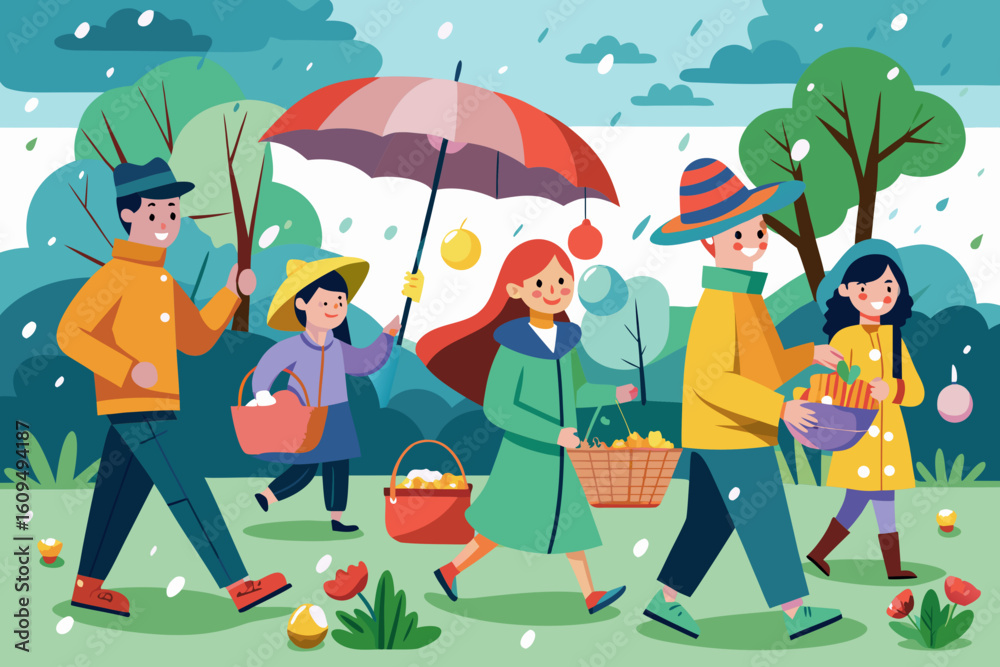 Fototapeta premium Rainy Spring Day with Umbrellas and Easter Baskets vector illustration