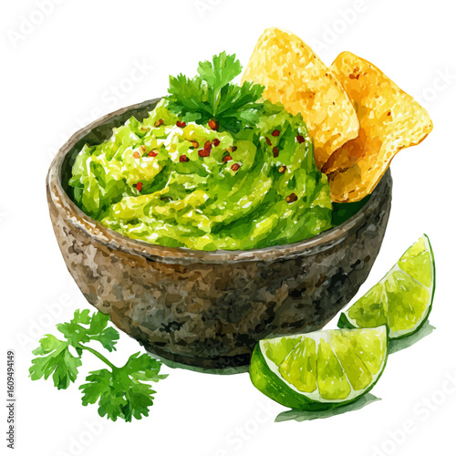 Guacamole in watercolor style, vector illustration, isolated on white background.