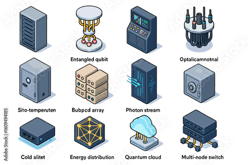 Futuristic technology icons featuring servers and quantum elements