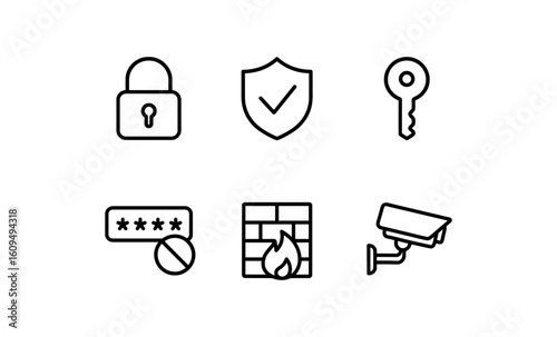 Minimalist security icons set: padlock, shield, key, password, firewall, camera monitoring
