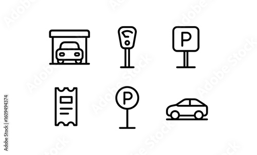 Linear parking icons set showing garage, meter, ticket, and car signs