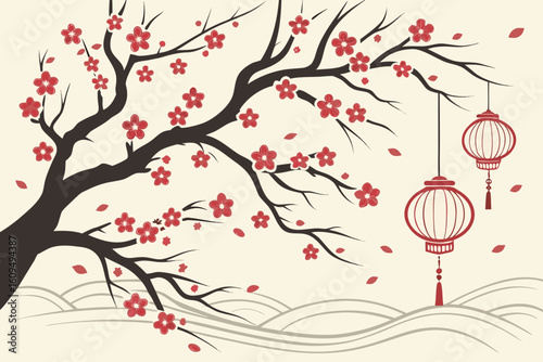 Plum Trees and Birds in a Traditional Brush Painting Style vector illustration