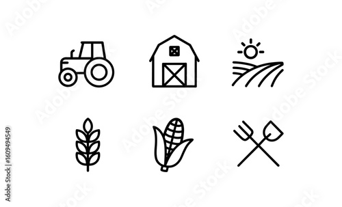 Agriculture icon set featuring farm equipment, crops, and sun in minimal style