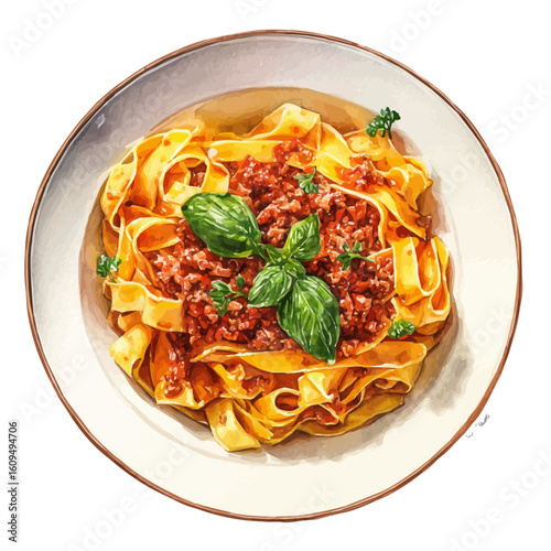 Fettuccine Bolognese in watercolor style, vector illustration, isolated on white background.