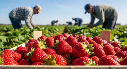 Freshly Picked Strawberries in Wooden Crate with Farmers Harvesting in Field strawberry fruit