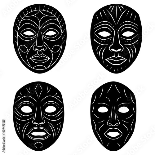 Four black and white tribal masks with unique designs and symmetrical facial features displayed together