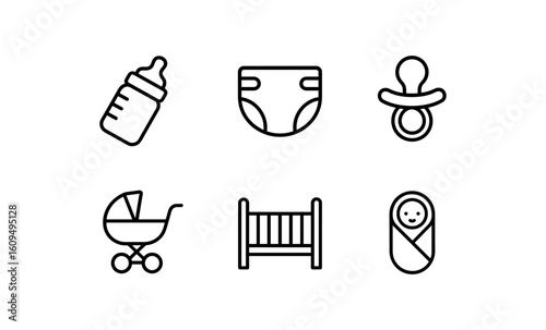 Minimalist baby essentials icons: bottle, diaper, and more in linear design