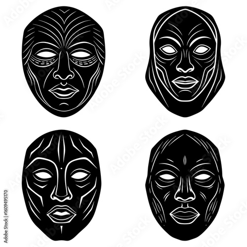 Four black and white tribal masks with unique designs and facial features arranged in a square format