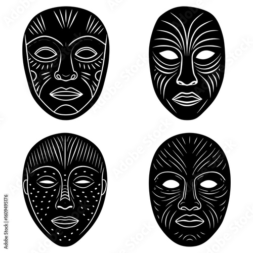 Four black and white african tribal masks with unique designs and patterns arranged in a square format