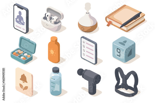 Wellness and fitness gadgets collection: earbuds, diffuser, planner, hydration, massager