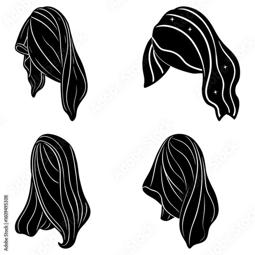 Four black and white illustrations of stylized wavy hair with varied shapes and orientations present