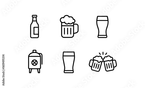 Line art beer icons: glasses, bottles, and brewing equipment
