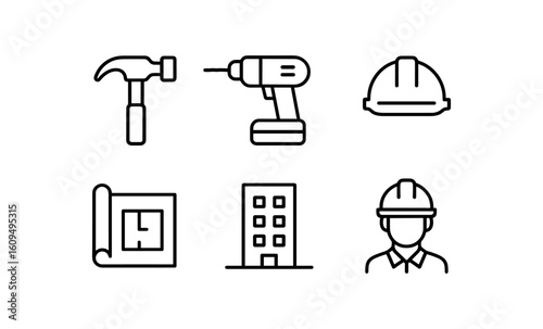 Construction tools and worker icons in linear style for building projects