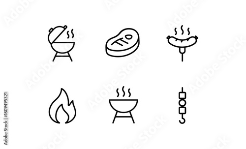 Set of linear barbecue icons: grill, sausage, steak, fire, skewer