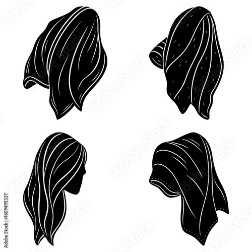 Four black and white stylized drawings of draped cloth and long hair on a white background art piece