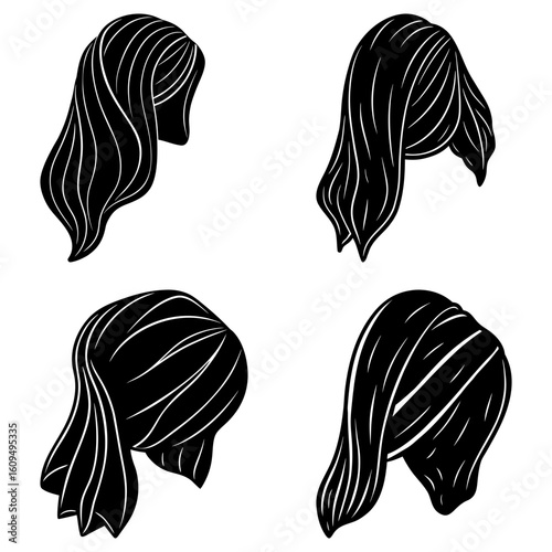 Illustration of four black hair styles with different angles and hair flow on a white background view