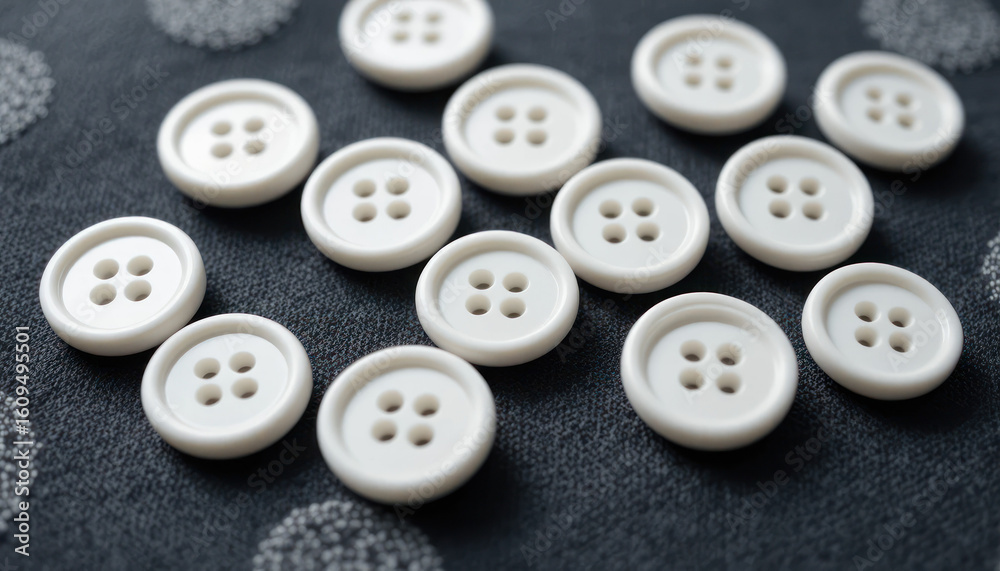 Close-up of Multiple White Four-Hole Buttons. Close-up of Multiple White Four-Hole Buttons.