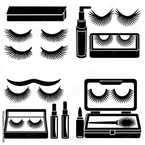 Illustration of various cosmetic items including false eyelashes and makeup applicators in black silhouette