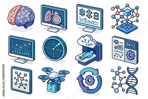 Isometric science icons featuring technology and healthcare elements