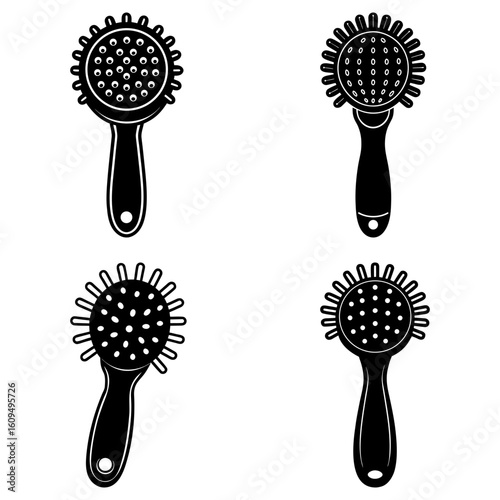 Four black and white images of a handheld massager with a circular head and a handle design element