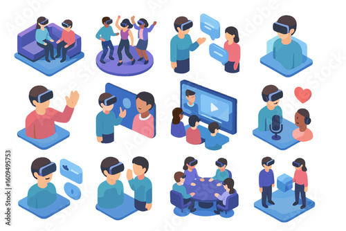Isometric illustrations of diverse vr interactions and activities