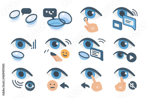 Eye icons and contact lens illustrations for vision and communication concepts