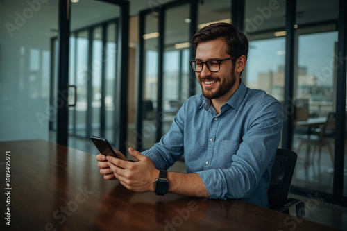 An upbeat young professional smiling while reviewing a phone at his office during workday Modern