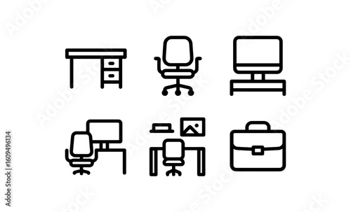 Minimalist office icons featuring desk, chair, monitor, and briefcase in line art style