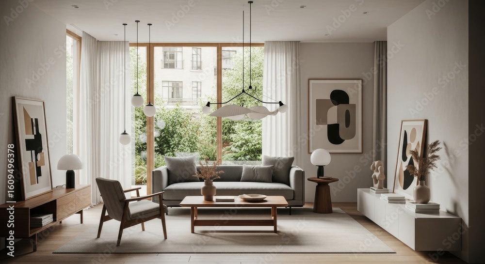 Fototapeta premium Modern Minimalist Living Room Interior Design - Stylish and serene living room with neutral tones, large windows, and minimalist decor. Perfect for showcasing modern home design