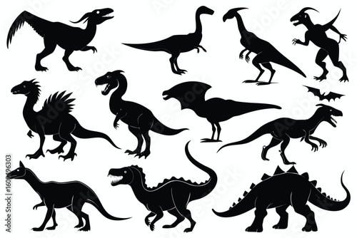 Collection of black dinosaur silhouettes on a white background