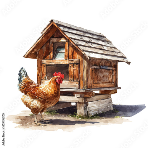 Chicken Coop, watercolor painting, vector illustration, isolated on a white background.