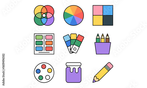 Color Palette and Creative Design Icons Set - Art, Painting, Graphics, Web Design, UI/UX, Illustration, Inspiration, Hobby, Education, Drawing, Swatches, Hue, Saturation, Brightness, Vector