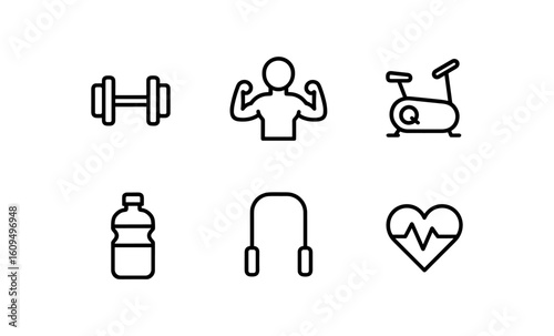 Minimalist fitness icons: gym equipment, workout, health, and exercise symbols