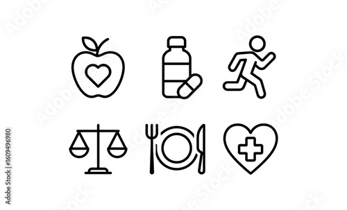 Linear icons illustrating healthy lifestyle with food, exercise, and medicine