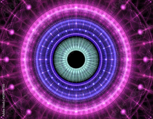 Abstract eye design with concentric rings and glowing lights