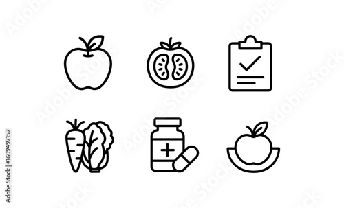 Nutrition and health icons featuring fruits, vegetables, and supplements in minimalist line art
