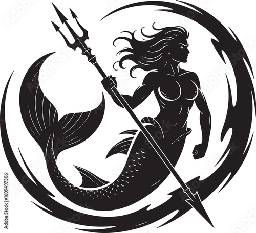 Empowered Mermaid Warrior with Trident Silhouette in Circular Wave Design on Transparent Backdrop