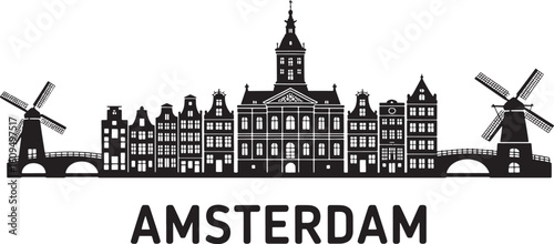Amsterdam Skyline Silhouette Vector Illustration of Famous Landmarks in Netherlands