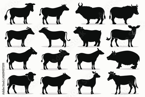 Collection of silhouettes of farm animals including cows and pigs