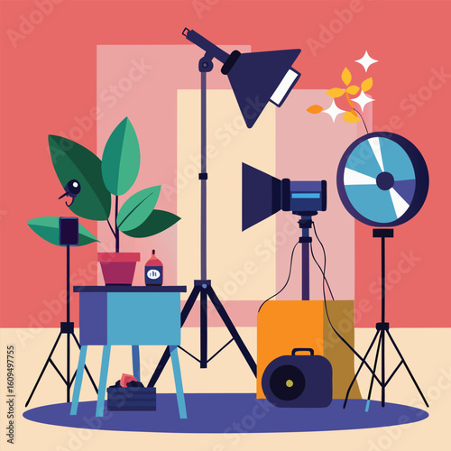 Studio lighting equipment setup with plant and accessories photography equipment lighting gear