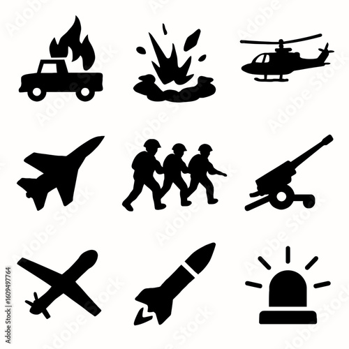 Black Emergency Vehicle Fire Explosion Helicopter Airplane Soldiers Cannon Rocket Missile Alert