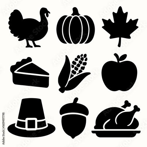 Set of Black Silhouettes of Thanksgiving Food and Autumn Symbols for Holiday Celebration