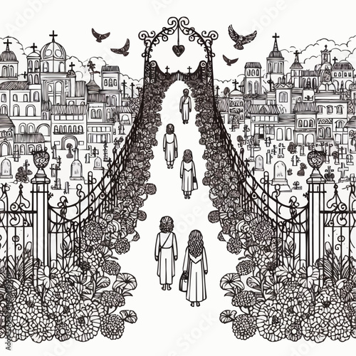 Detailed illustration of a bridge of the dead leading to a city surrounded by flowers and tombstones